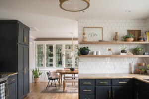 "Open shelving in a modern kitchen - an affordable modular kitchen design idea."