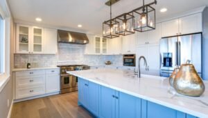 "Under-cabinet task lighting in a modular kitchen design on a budget."